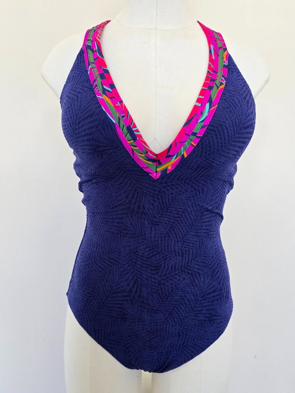Trina Turk Size 10 Swim And Spa Navy Blue One Piece Plunge Neck Swimsuit NWT
